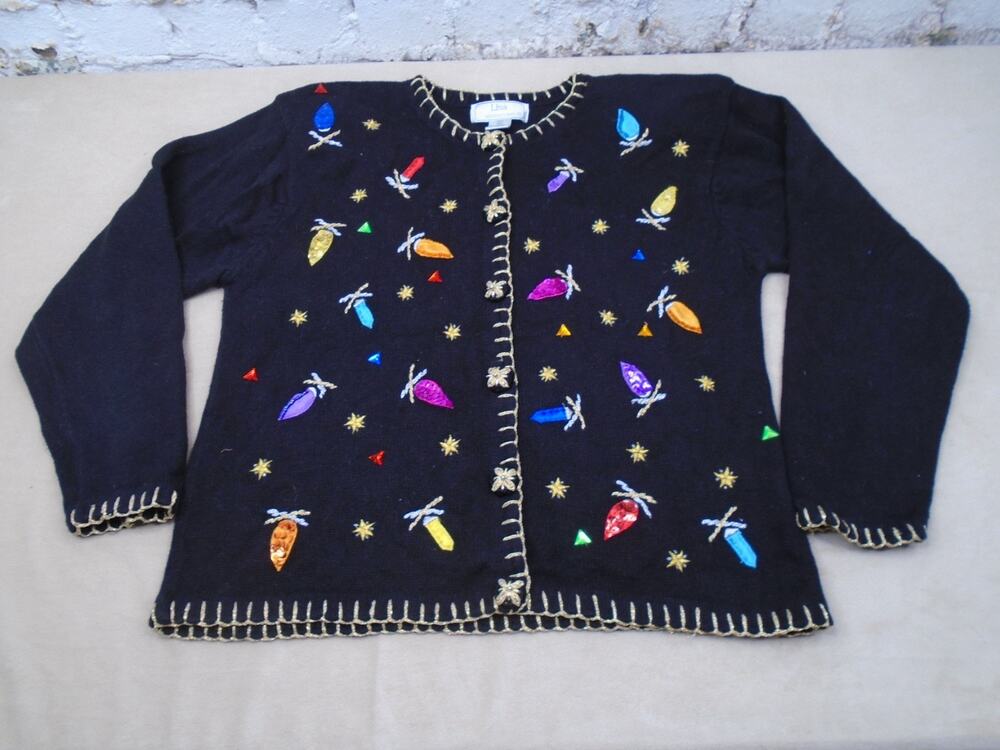 VTG 90s Lisa Christmas Lights Cardigan Sweater Sequin Embroidered L Gold Trim